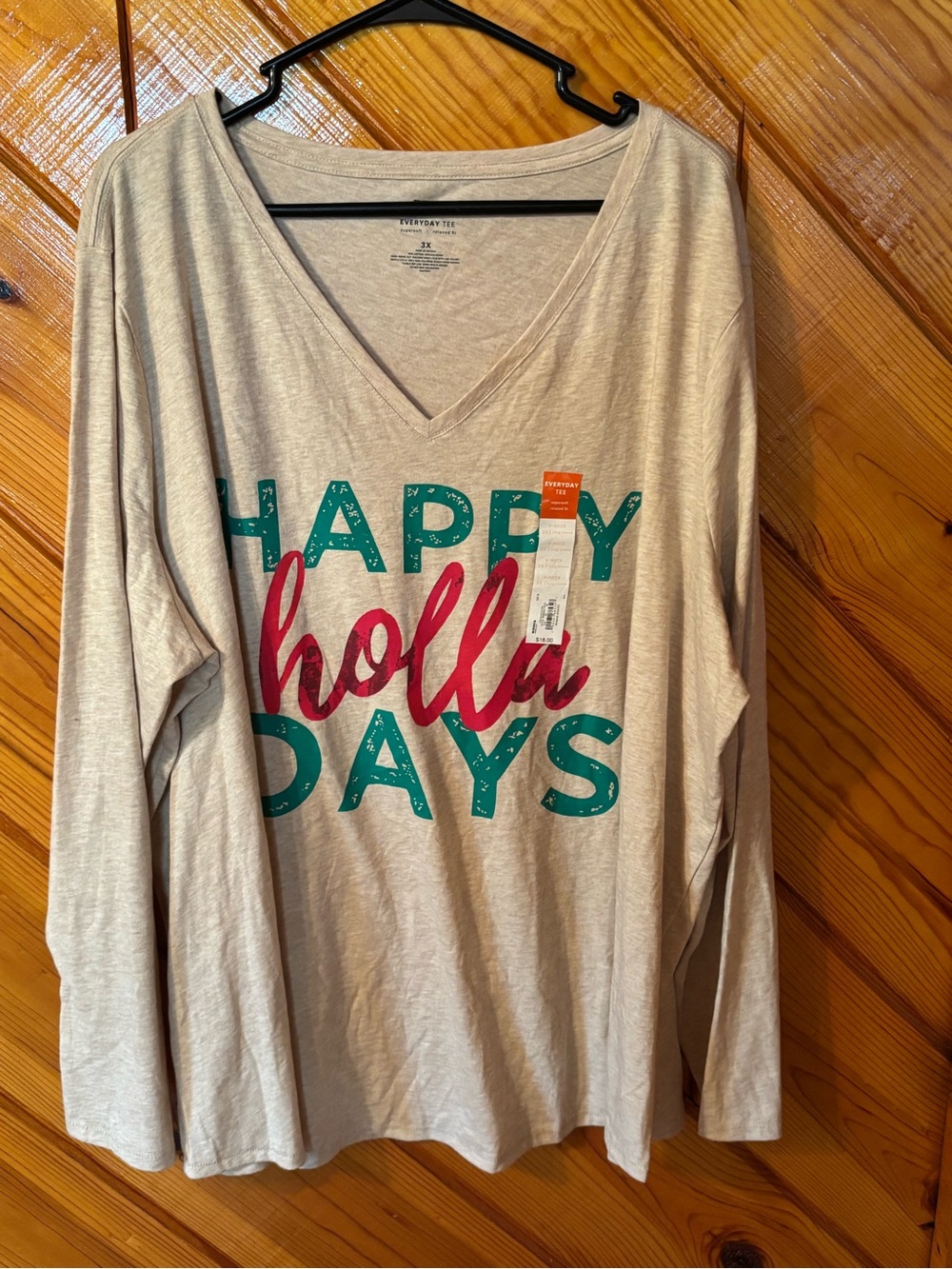EVRI Cream Long Sleeve V-Neck Top with Teal and Red Holiday Graphic